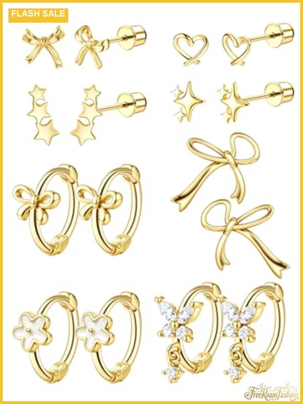 11 Pairs Hypoallergenic 18K Gold Plated Flat Back Earrings for Women Girls